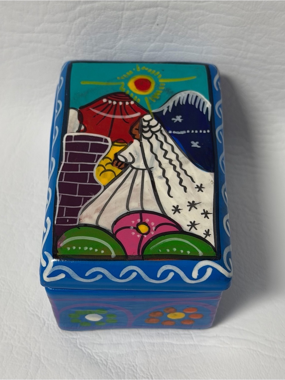 Vintage Mexican Terra Cotta Trinket Box - Hand-Painted Bride Design